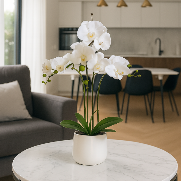 Elegant Large Triple Stem White Real Touch Artificial Potted Orchid (65cm) in Round White Ceramic Pot A1042