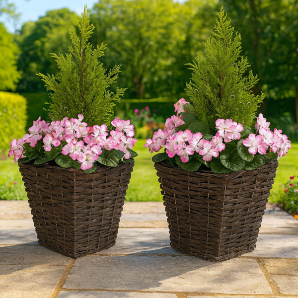 Artificial Pink Geranium Rattan Patio Planters 60cm/24in (Set of 2) - A1257