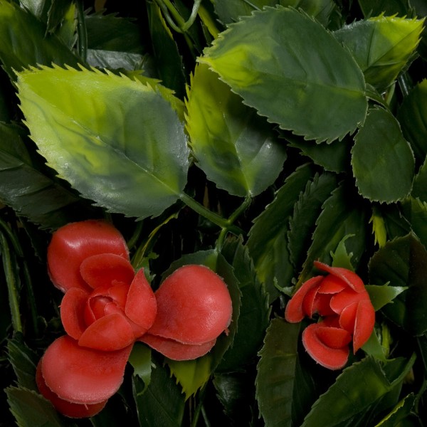 Artificial Expanding Green Wall Willow Trellis Fence with Green Foliage and Red Flowers (1m x 2m)