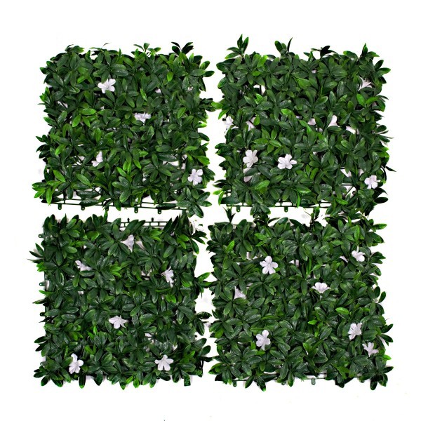Artificial Green Wall Hedge with Dark Leaf Foliage and White Flowers Pack of 4 x 50cm/20in - A1136