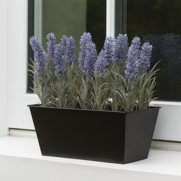 *Clearance* Artificial Lavender Tin Black Planter Window Box 30cm/12in - A1214C