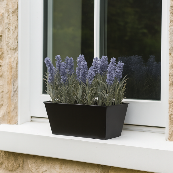 Artificial Lavender Tin Black Planter Window Box 30cm/12in - A1214