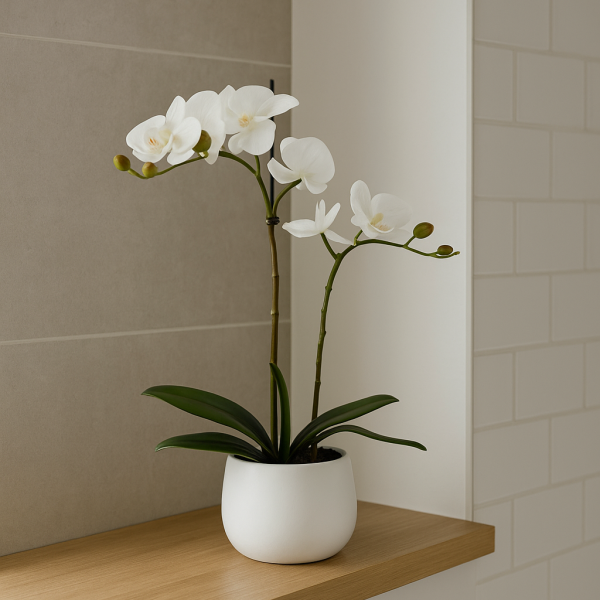 Elegant Double Stem White Real Touch Artificial Potted Orchid (46cm) in Round White Ceramic Pot A1041