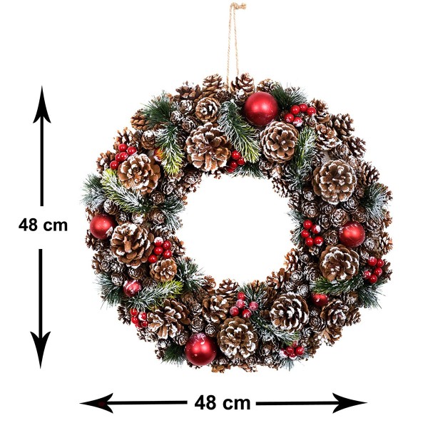 GreenBrokers Christmas Hanging Wreath 48cm Pine Cones with White Frosting D1223