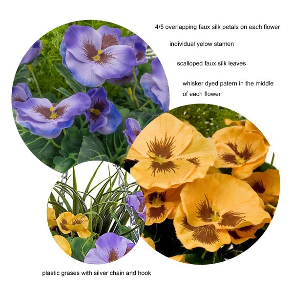 Artificial Purple & Yellow Pansy Round Rattan Hanging Basket (Set of 2) - A1010