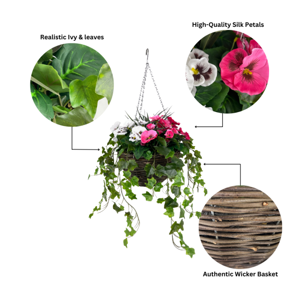 Artificial Pink and White Pansy Hanging Basket with Ivy (30cm)