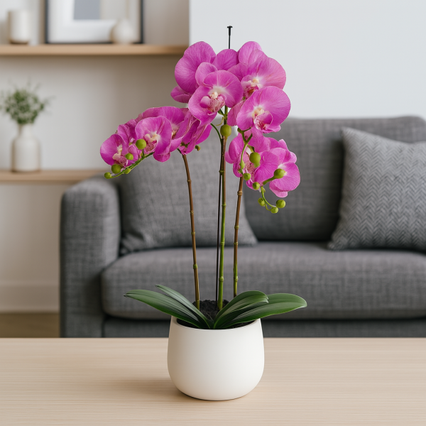 Elegant Large Triple Stem Pink Real Touch Artificial Potted Orchid (65cm) in Round White Ceramic Pot - A1317