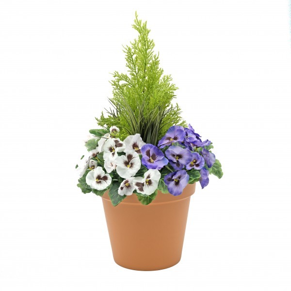 Artificial Purple & White Pansy Terracotta Patio Planter 60cm/24in - A1076