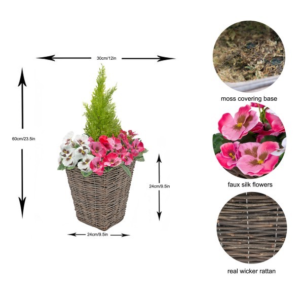 Artificial Pink & White Pansy Rattan Patio Planter 60cm/24in (Set of 2) - A1015