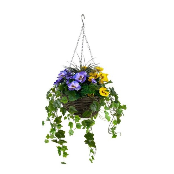 Artificial Purple and Yellow Hanging Basket with Ivy (30cm)