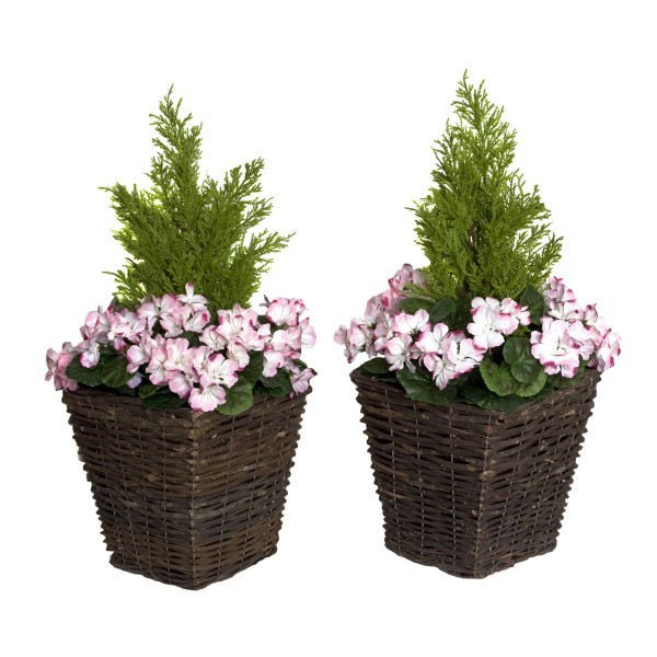 Artificial Pink Geranium Rattan Patio Planters 60cm/24in (Set of 2) - A1257