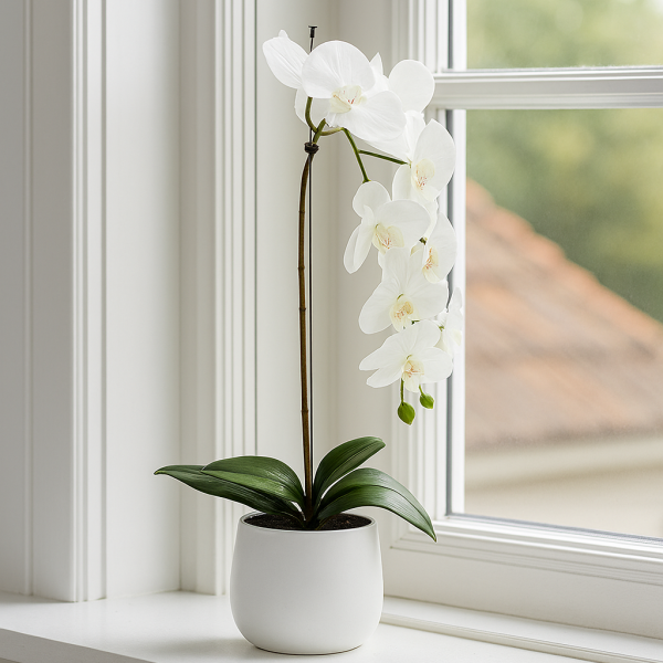  Elegant White Single Stem Real Touch Artificial Orchid (65cm) in Round White Ceramic Pot A1043