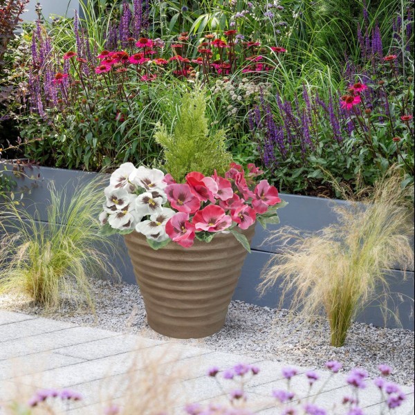 Artificial Pink & White Pansy Rattan Patio Planter 60cm/24in (Set of 2) - A1015