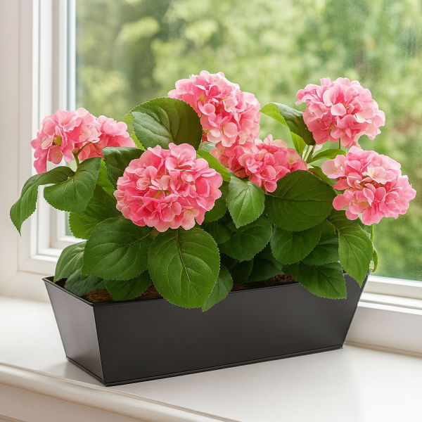 Artificial Pink Hydrangea in Black Window Box - A1383