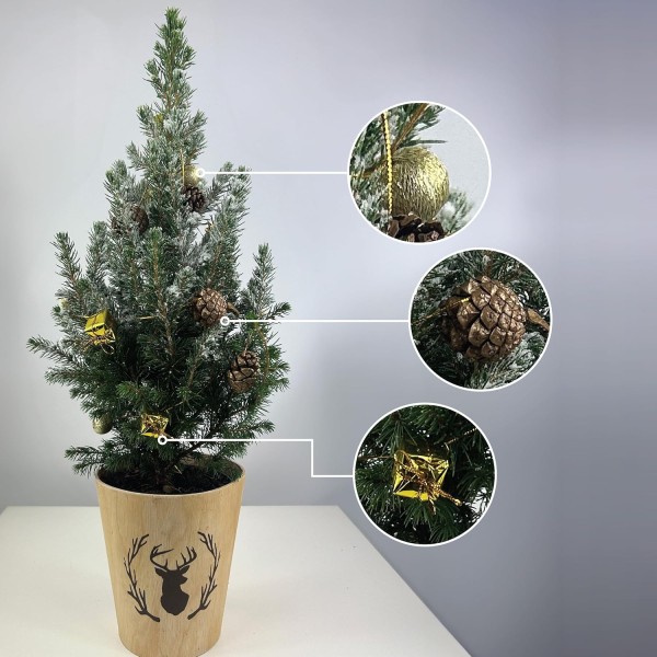 Real Living 60-65cm Picea Christmas Tree | Conifer Garland & Pinecones | Festive Reindeer Design Wood Pot | for Indoor & Outdoor, Gold with Snow, 60cm - GB1464