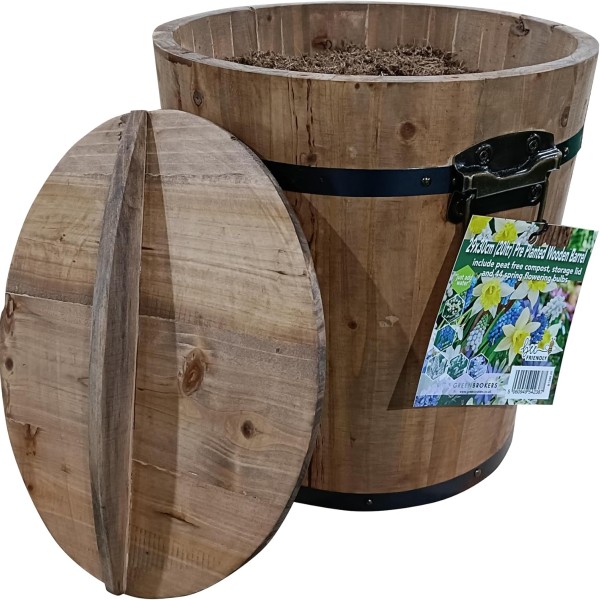 Pre-Planted Wooden Barrel Planter | 44 Blue & Yellow Spring Flowering Bulbs | Just Add Water | 29x30cm | Peat-Free Compost | Bee-Friendly Mix - GB1349