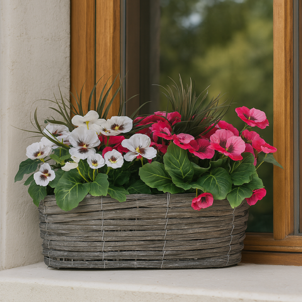 Artificial Grey Rattan 40cm Window Box with Pink & White Pansies and Decorative Grasses - A1327