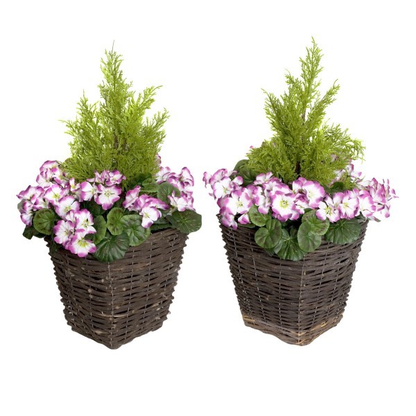 Artificial Purple Geranium Rattan Patio Planters (Set of 2) 60cm/24in - A1258