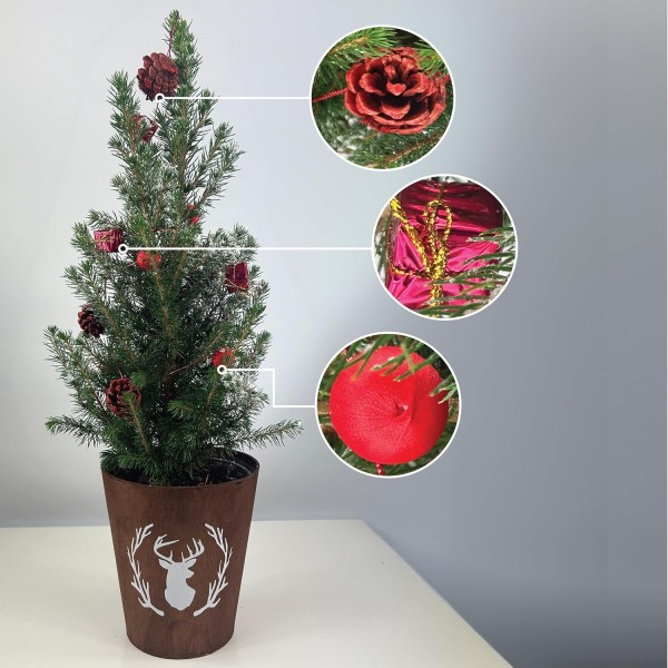 Real Living 60-65cm Picea Christmas Tree | Conifer with Red Garland & Pinecones | Festive Reindeer Design Dark Wood Pot | for Indoor & Outdoor, 60cm - GB1463