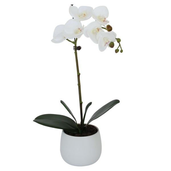 Elegant White Real Touch Artificial Orchid (46cm) in Round White Ceramic Pot A1040
