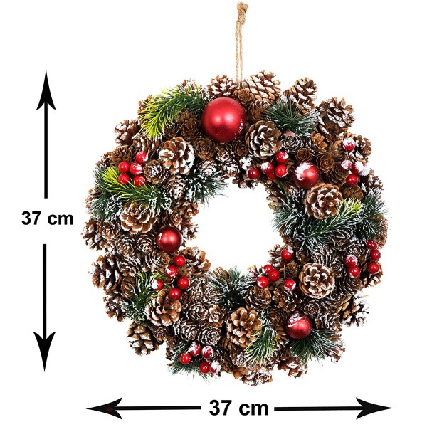 GreenBrokers Christmas Hanging Wreath 37cm Pine Cones with White Frosting D1222