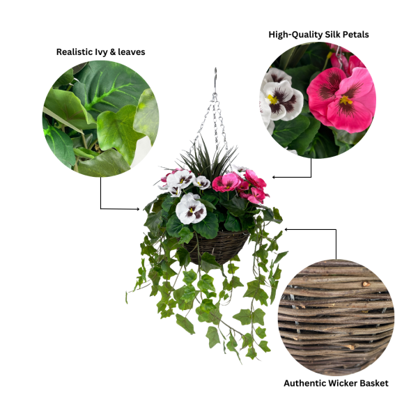 Artificial Pink and White Pansy Hanging Basket with Ivy (25cm)