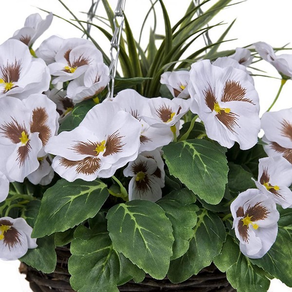 Artificial White Pansy Round Rattan Hanging Basket (Set of 2) - A1005