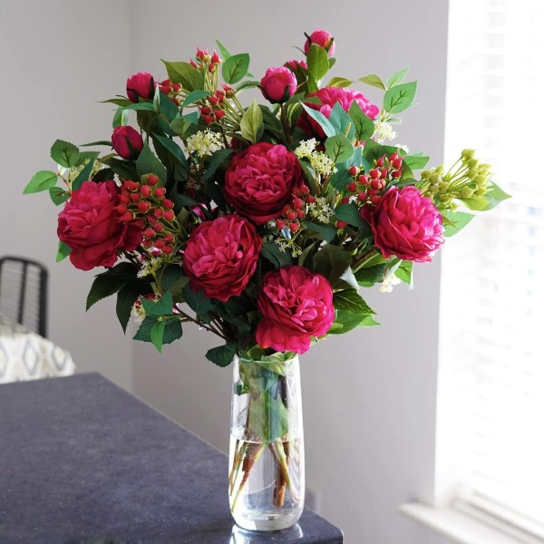 Artificial Dark Pink Flower Bouquet with Peonies, Elderflower, Berries & Greenery - GB1208