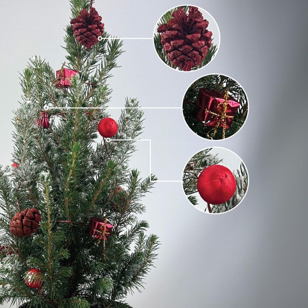 Real Living 60-65cm Picea Christmas Tree | Conifer Garland & Pinecones | Festive Reindeer Design Wood Pot | For Indoor & Outdoor, Red with Snow, 60cm - GB1466