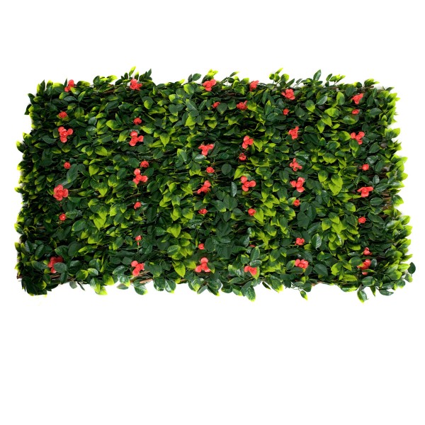 Artificial Expanding Green Wall Willow Trellis Fence with Green Foliage and Red Flowers (1m x 2m)