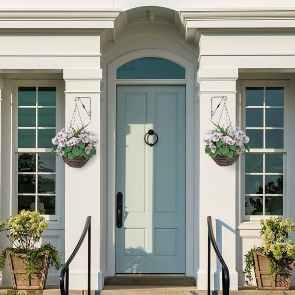 Artificial White Pansy Round Rattan Hanging Basket (Set of 2) - A1005