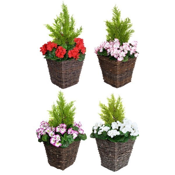 Artificial Pink Geranium Rattan Patio Planters 60cm/24in (Set of 2) - GB1257