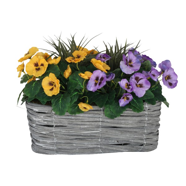 Artificial Grey Rattan 40cm Window Box with Purple & Yellow Pansies and Decorative Grasses - A1320