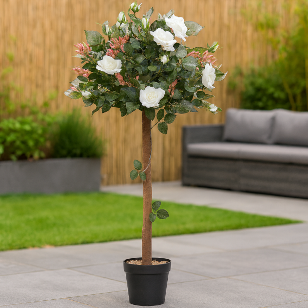 *Clearance* Artificial White Rose Tree 30 Flowers 120cm/4ft - A1406C