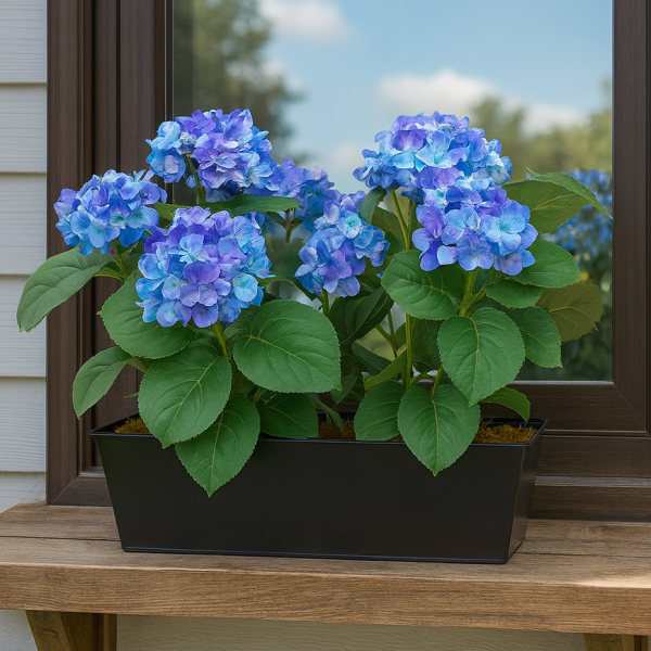 Artificial Blue Hydrangea in Black Metal Window Box -A1385