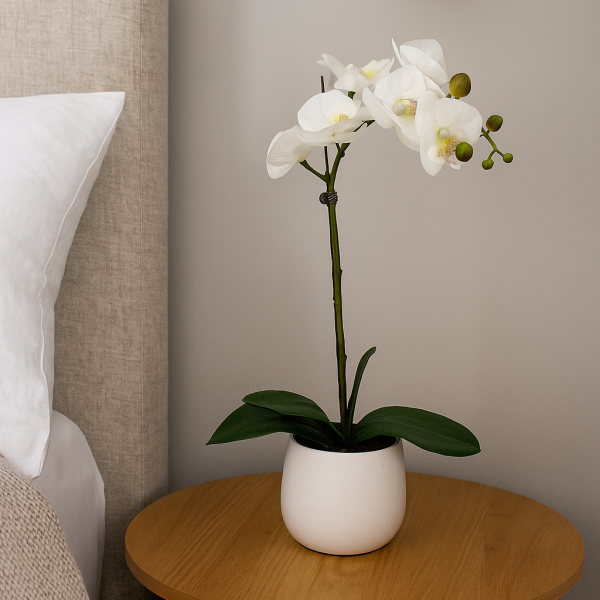 Elegant White Real Touch Artificial Orchid (46cm) in Round White Ceramic Pot A1040