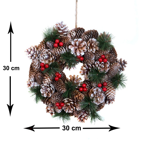 GreenBrokers Christmas Hanging Wreath 30cm Pine Cones Berries Subtle Frosting D1227
