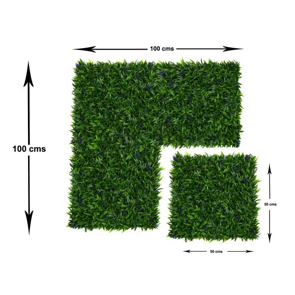 Artificial Green Wall Hedge with Green Leaf Foliage and Purple Flowers Pack of 4 x 50cm/20in - A1137