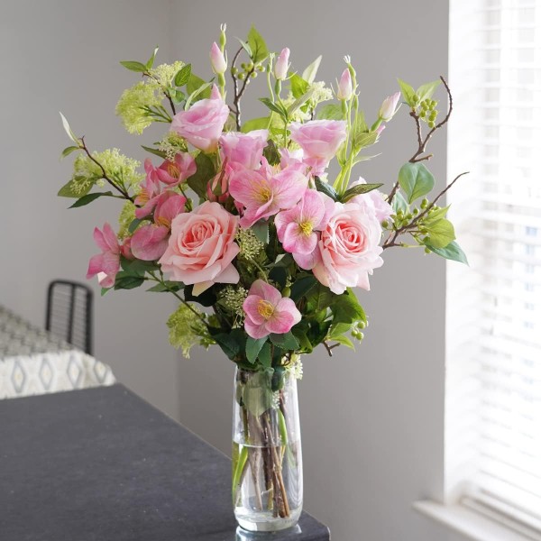 Artificial Pink Flower Bouquet with Roses, Hellebores Elderflower, Berries & Greenery - GB1210