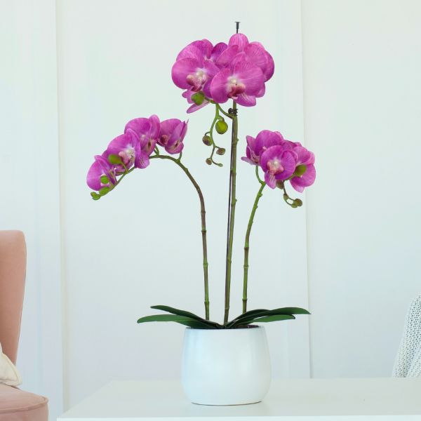Elegant Large Triple Stem Pink Real Touch Artificial Potted Orchid (65cm) in Round White Ceramic Pot - A1317