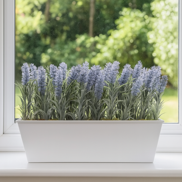 *Clearance* Artificial Lavender Tin White Planter Window Box 45cm/18in - A1019C