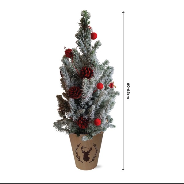 Real Living 60-65cm Picea Christmas Tree | Conifer Garland & Pinecones | Festive Reindeer Design Wood Pot | For Indoor & Outdoor, Red with Snow, 60cm - GB1466