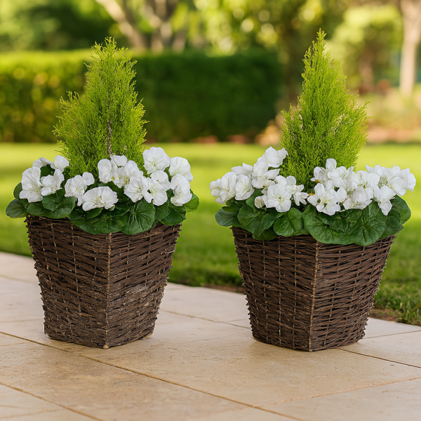 Artificial White Geranium Rattan Patio Planters (Set of 2) 60cm/24in - A1259