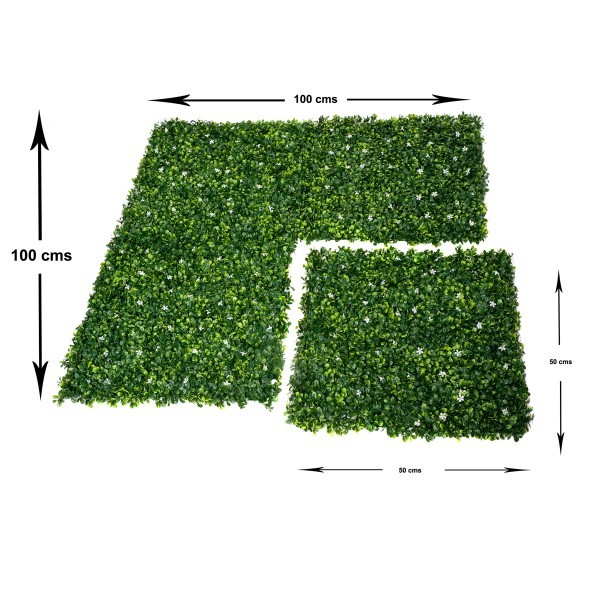 Artificial Green Wall Hedge with Green Leaf Foliage and Small White Flowers Pack of 4 x 50cm/20in - A1268