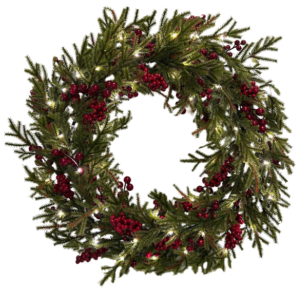 GreenBrokers Pre-Lit Christmas Wreath with Pine Effect Foliage & Red Berries D1336