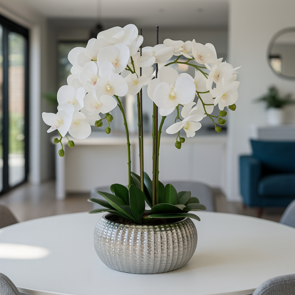 Elegant Large Six Stem Butterfly White Real Touch Artificial Potted Orchid (65cm) in Decorative Silver Ceramic Pot A1044