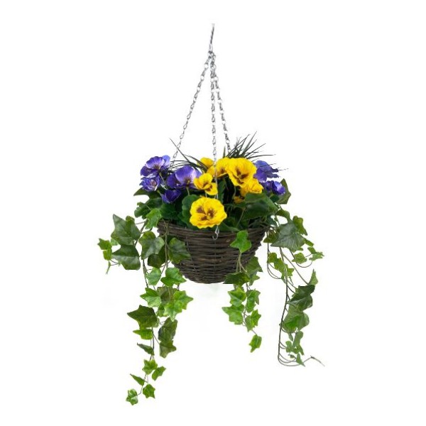 Artificial Purple & Yellow Pansy Hanging Basket with Ivy Vine (25cm)