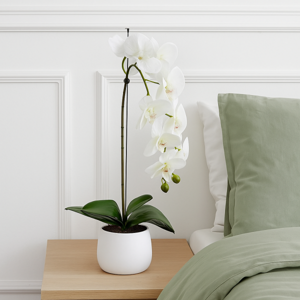  Elegant White Single Stem Real Touch Artificial Orchid (65cm) in Round White Ceramic Pot A1043