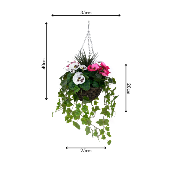 Artificial Pink and White Pansy Hanging Basket with Ivy (25cm)