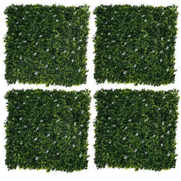 Artificial Green Wall Hedge with Green Leaf Foliage and Small White Flowers Pack of 4 x 50cm/20in - A1268